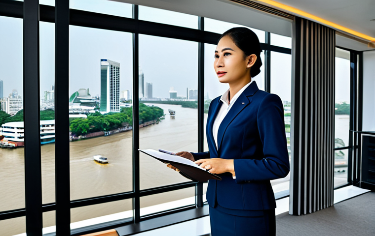 **
"A Thai businesswoman in a modern, modest business suit, giving a presentation in a sleek Bangkok office with a Chao Phraya River view, fully clothed, appropriate attire, safe for work, perfect anatomy, natural proportions, professional corporate photography, high quality."
**