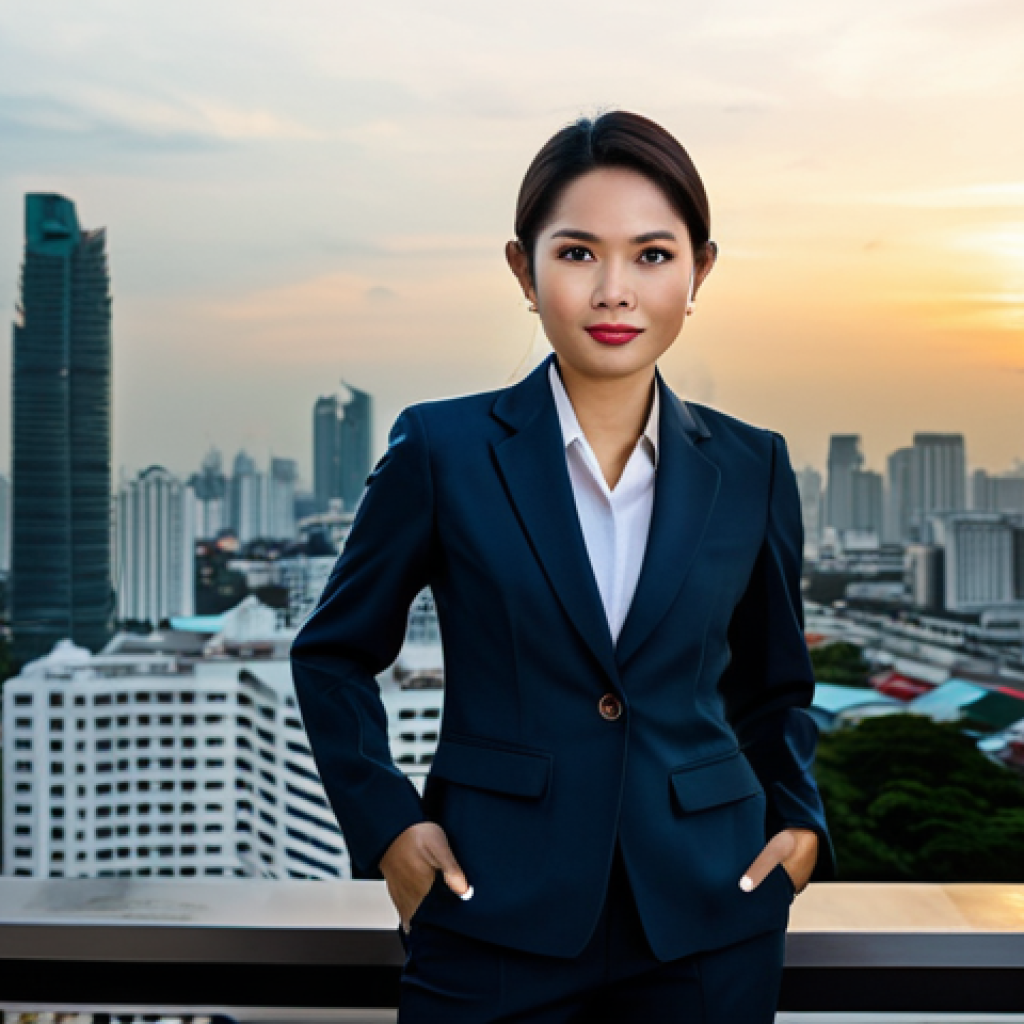 **

A Thai businesswoman in a modern, modest business suit, standing confidently in front of the Bangkok skyline at sunset, fully clothed, appropriate attire, safe for work, perfect anatomy, natural proportions, professional photography, high quality. The image should convey success and international business acumen. Include temple silhouettes subtly in the background to ground the image in Thailand.

**
