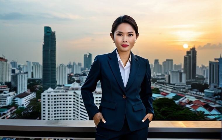 **
A Thai businesswoman in a modern, modest business suit, standing confidently in front of the Bangkok skyline at sunset, fully clothed, appropriate attire, safe for work, perfect anatomy, natural proportions, professional photography, high quality. The image should convey success and international business acumen. Include temple silhouettes subtly in the background to ground the image in Thailand.
**