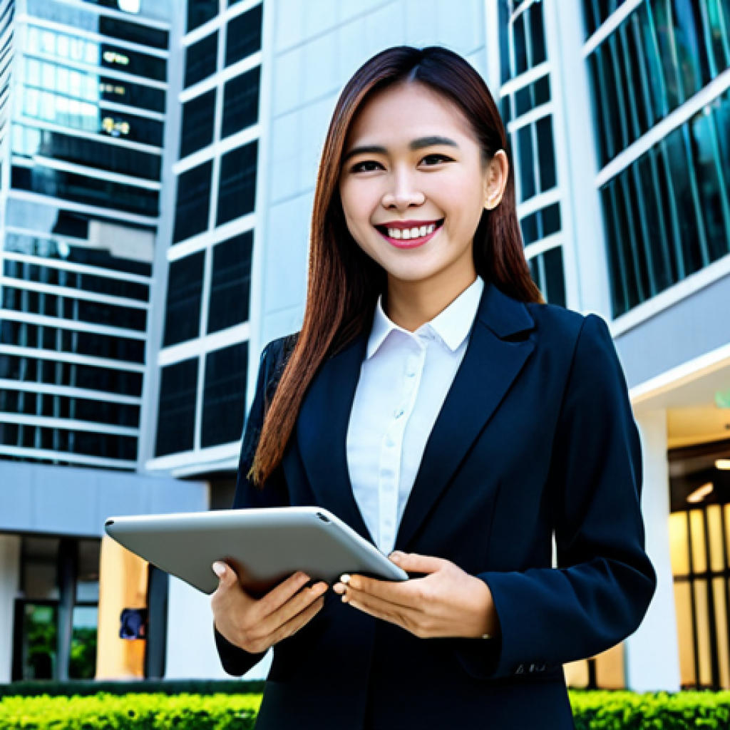 **

A young Thai professional woman, smiling confidently, wearing a stylish but modest business outfit in front of a modern Bangkok office building. She is holding a tablet displaying a graph indicating international market growth.  Fully clothed, appropriate attire, safe for work, professional, perfect anatomy, natural proportions, family-friendly, high resolution, dynamic lighting.

**