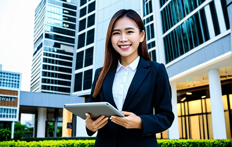 **

A young Thai professional woman, smiling confidently, wearing a stylish but modest business outfit in front of a modern Bangkok office building. She is holding a tablet displaying a graph indicating international market growth.  Fully clothed, appropriate attire, safe for work, professional, perfect anatomy, natural proportions, family-friendly, high resolution, dynamic lighting.

**