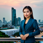 **

"A Thai businesswoman in her late 20s, fully clothed in a stylish and modest business suit, standing confidently in front of the Bangkok skyline at sunset. Professional attire, safe for work, appropriate content, perfect anatomy, correct proportions, natural pose, professional photography, high quality, family-friendly."

**