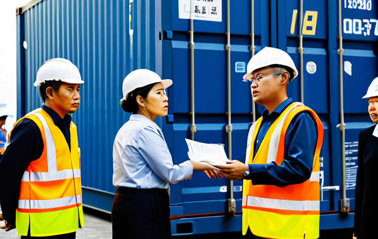 Incoterms Confusion**
Prompt: A diverse group of businesspeople looking confused while examining a shipping container at a bustling port in Bangkok. Contracts and shipping documents are scattered around. The atmosphere is tense. Focus on the frustration and misunderstanding. Fully clothed, appropriate attire, safe for work, perfect anatomy, natural proportions, professional, modest.
**