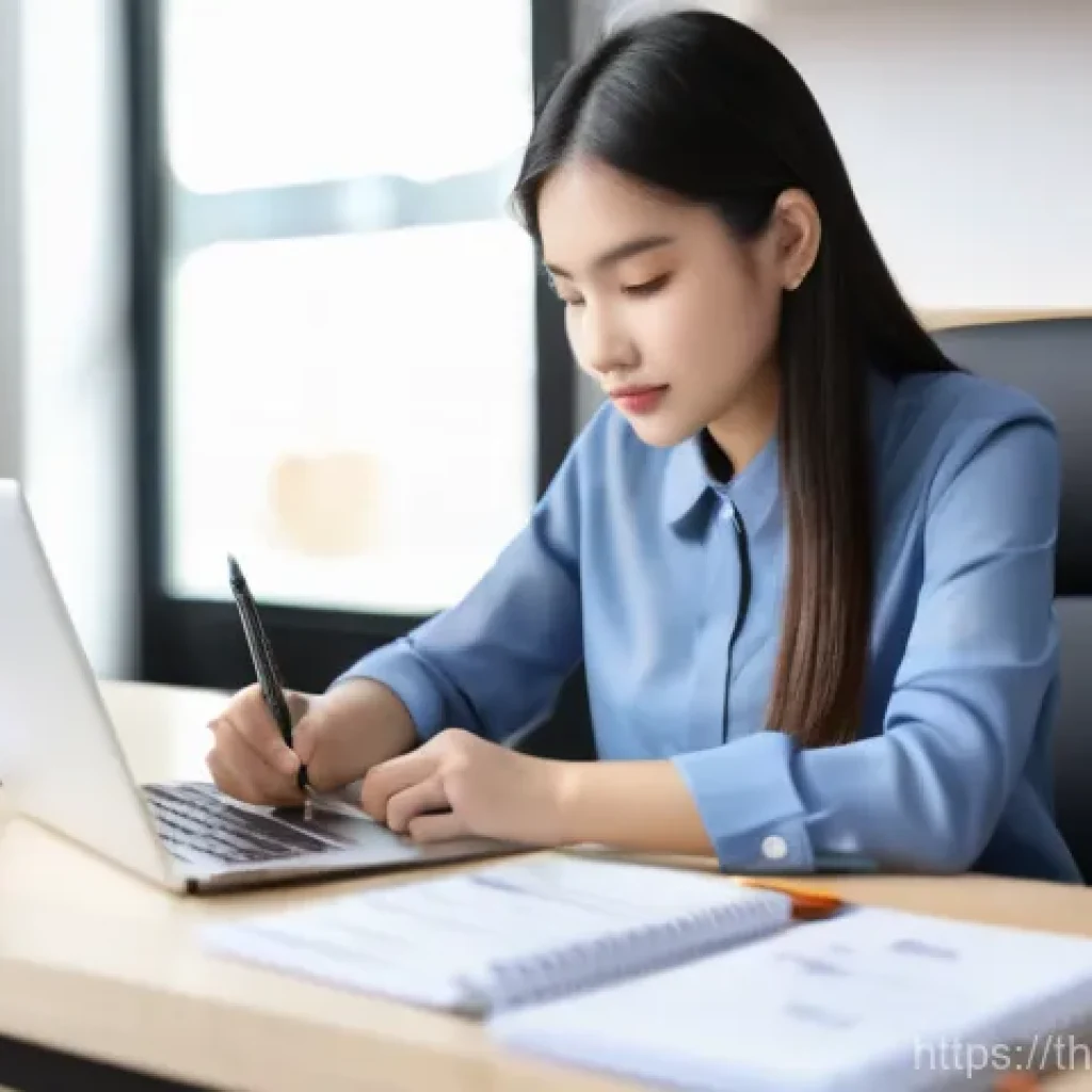 무역영어 필기시험의 필수 학습 영역 - **Prompt:** A young Thai professional (male or female) diligently studying Business English at a mod...