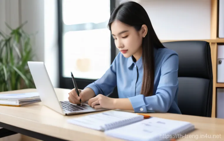 무역영어 필기시험의 필수 학습 영역 - **Prompt:** A young Thai professional (male or female) diligently studying Business English at a mod...