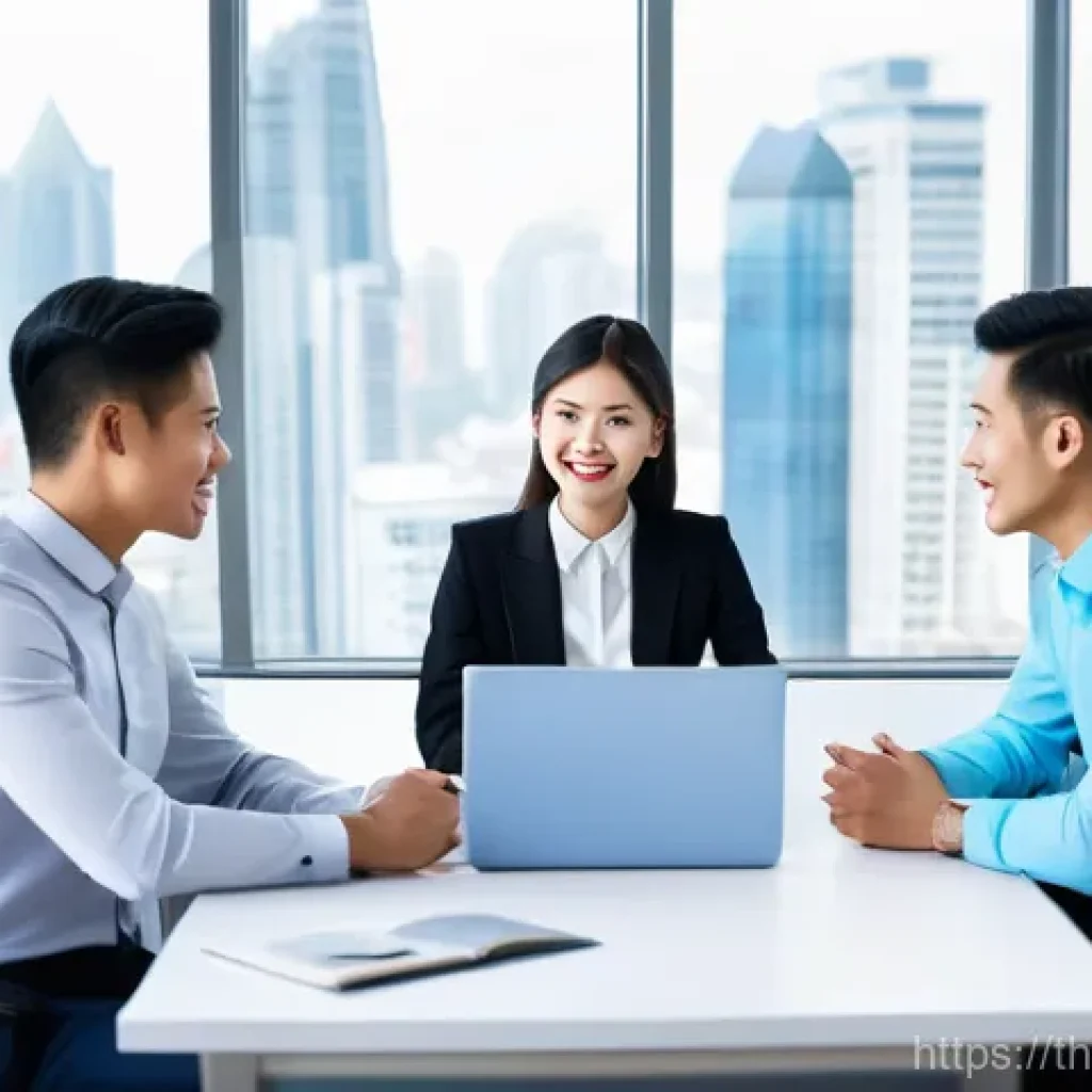무역영어와 글로벌 커리어 계획 - A vibrant, modern office environment with large windows overlooking a bustling city. Three to four y...
