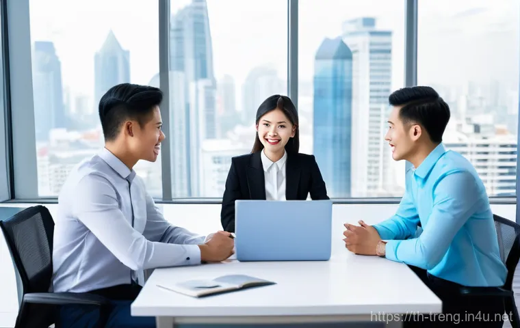 무역영어와 글로벌 커리어 계획 - A vibrant, modern office environment with large windows overlooking a bustling city. Three to four y...