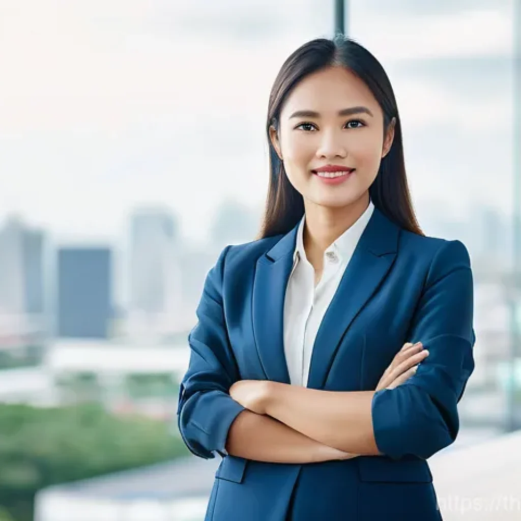 무역영어 자격증과 해외 취업 - **Global Aspirations, Professional Journey:** A confident young woman, appearing to be of Southeast ...