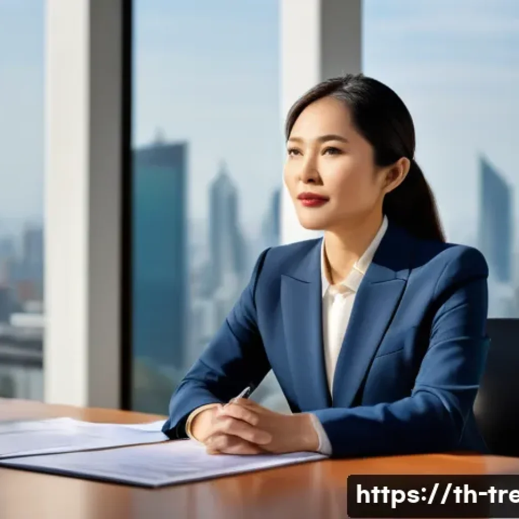 무역영어 실기시험 중 자주 묻는 질문 - A professional Thai female executive, in her late 30s, dressed in a stylish business suit, stands co...