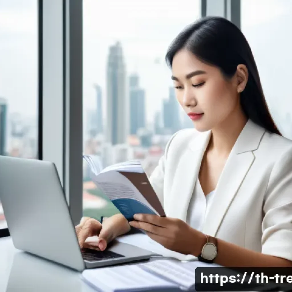 무역영어 관련 도서 추천 - A professional Thai businesswoman sitting at a modern office desk, reading an English business book ...