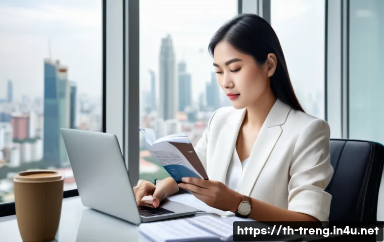 무역영어 관련 도서 추천 - A professional Thai businesswoman sitting at a modern office desk, reading an English business book ...