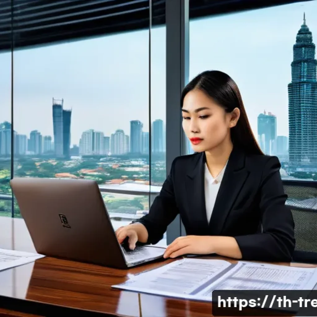 무역영어 필기시험을 위한 참고 자료 - A modern Thai office setting with a young professional woman in business attire reviewing internatio...
