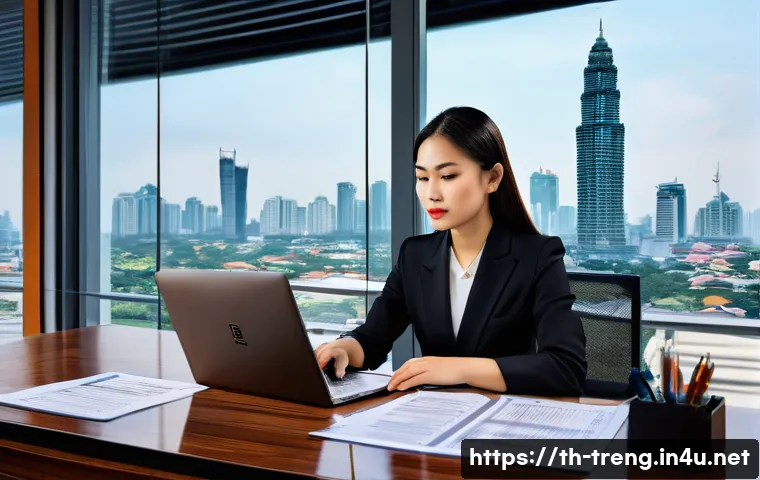 무역영어 필기시험을 위한 참고 자료 - A modern Thai office setting with a young professional woman in business attire reviewing internatio...