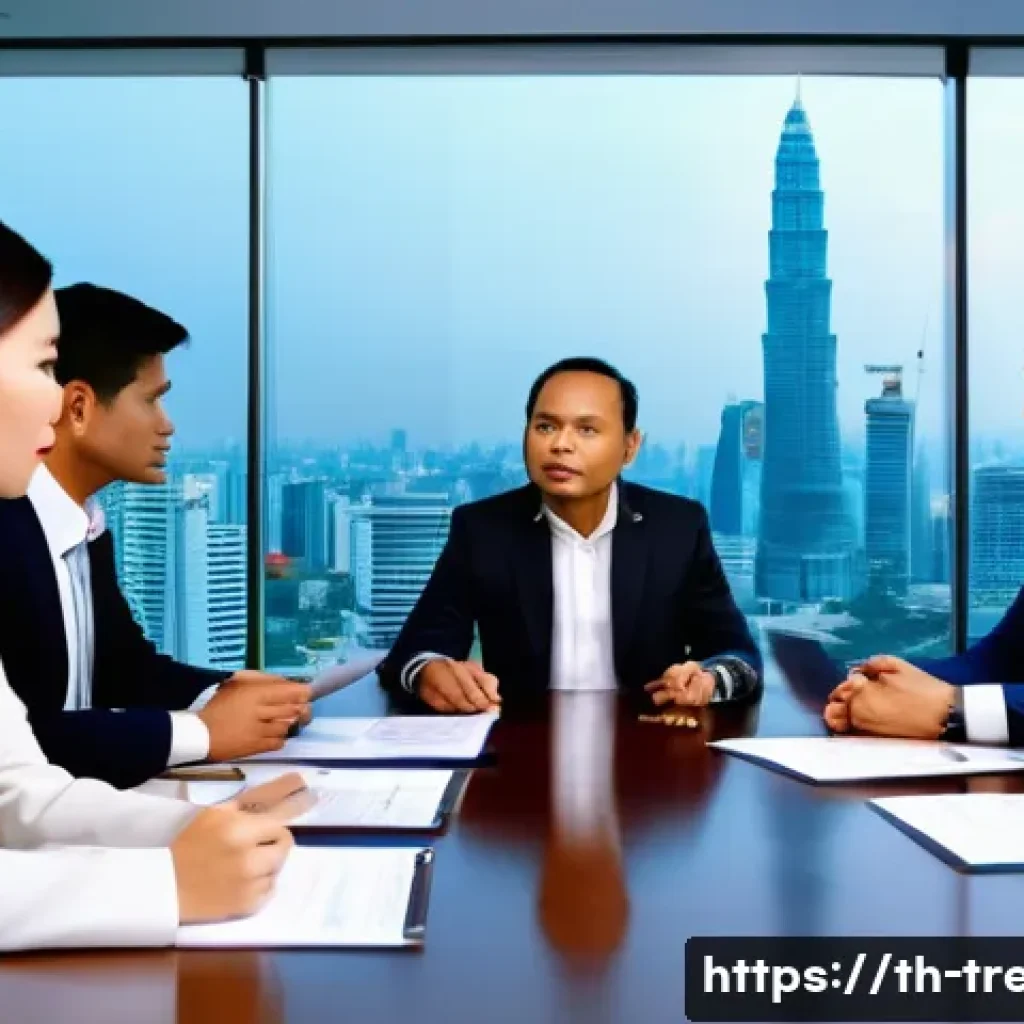 무역영어 학습과 글로벌 커리어 기회 - A professional business meeting scene set in a modern Bangkok office, featuring Thai businesspeople ...