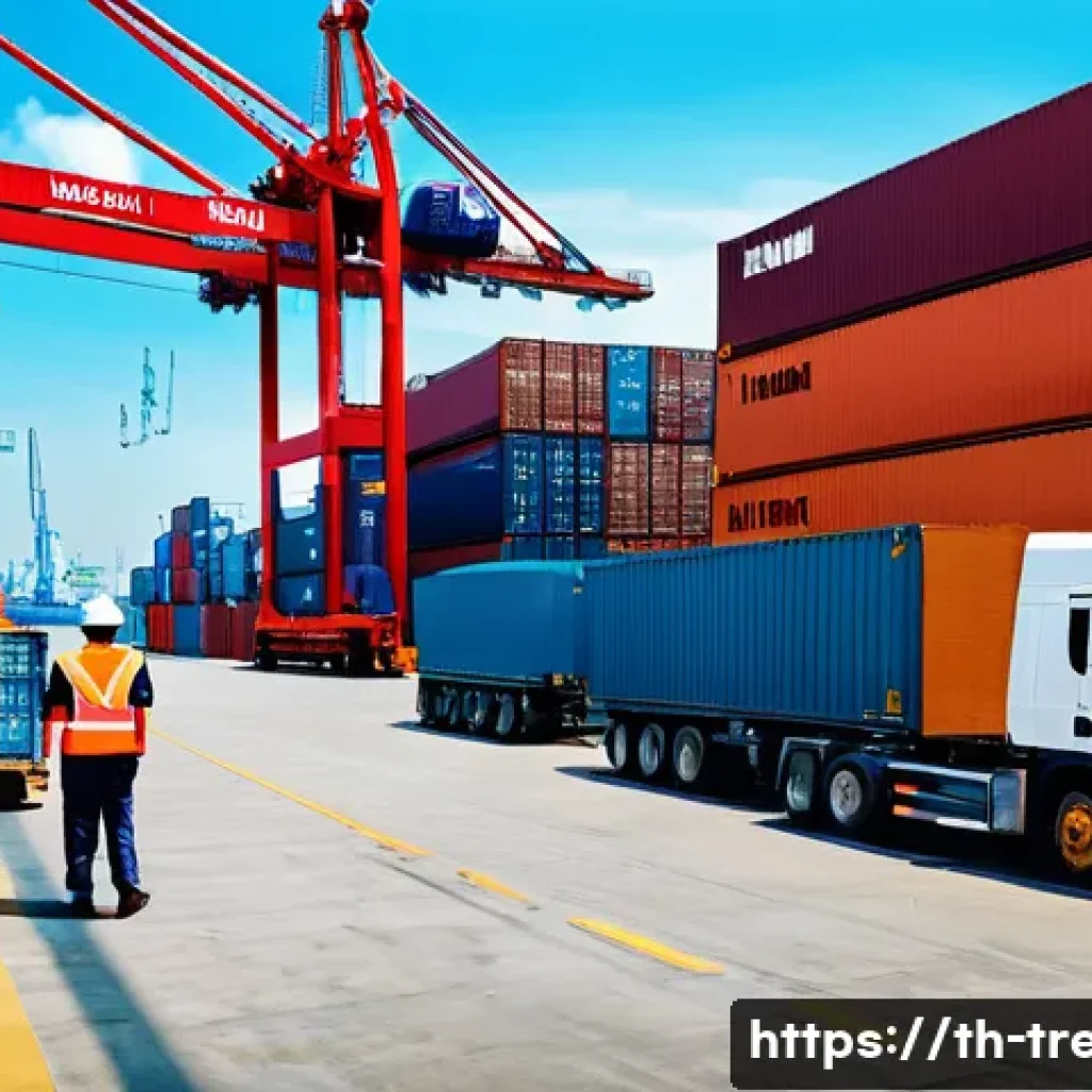 무역영어 학습의 효율성을 높이는 비법 - A modern Thai international shipping warehouse scene featuring workers handling cargo containers lab...