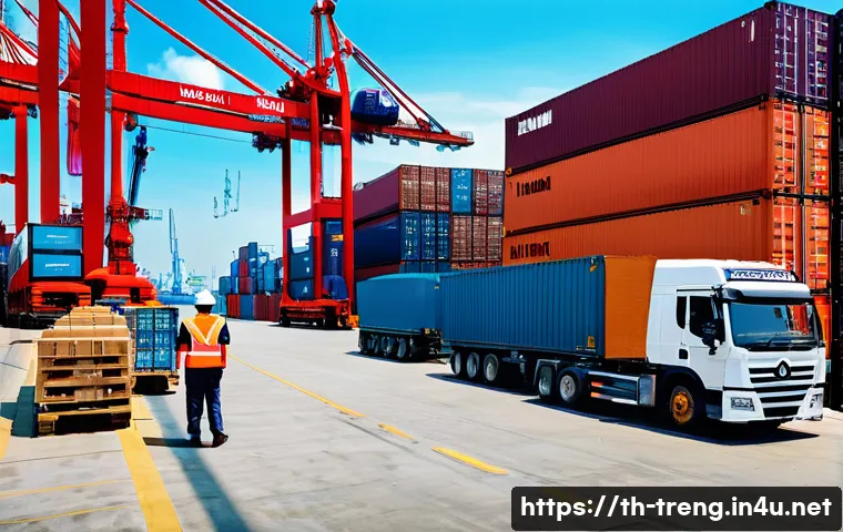 무역영어 학습의 효율성을 높이는 비법 - A modern Thai international shipping warehouse scene featuring workers handling cargo containers lab...