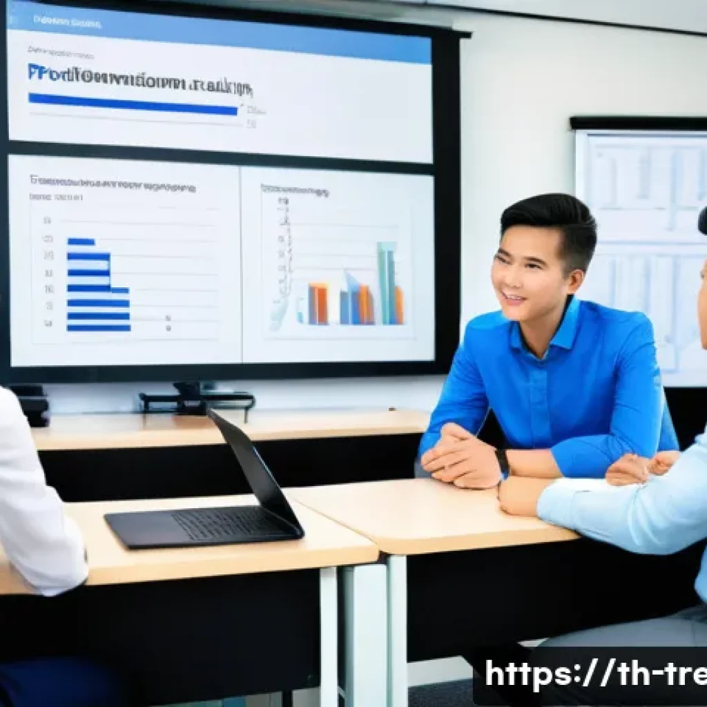 무역영어를 가르치는 강사로 활동하기 - A modern classroom scene in Bangkok with a diverse group of adult Thai business professionals engage...