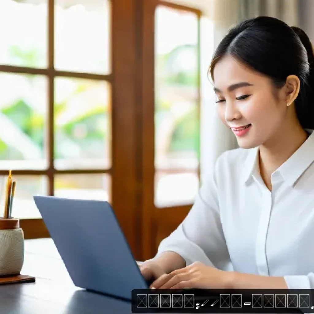 무역영어 학습을 위한 추천 도구 - A modern home office scene featuring a young Thai professional woman practicing business English on ...