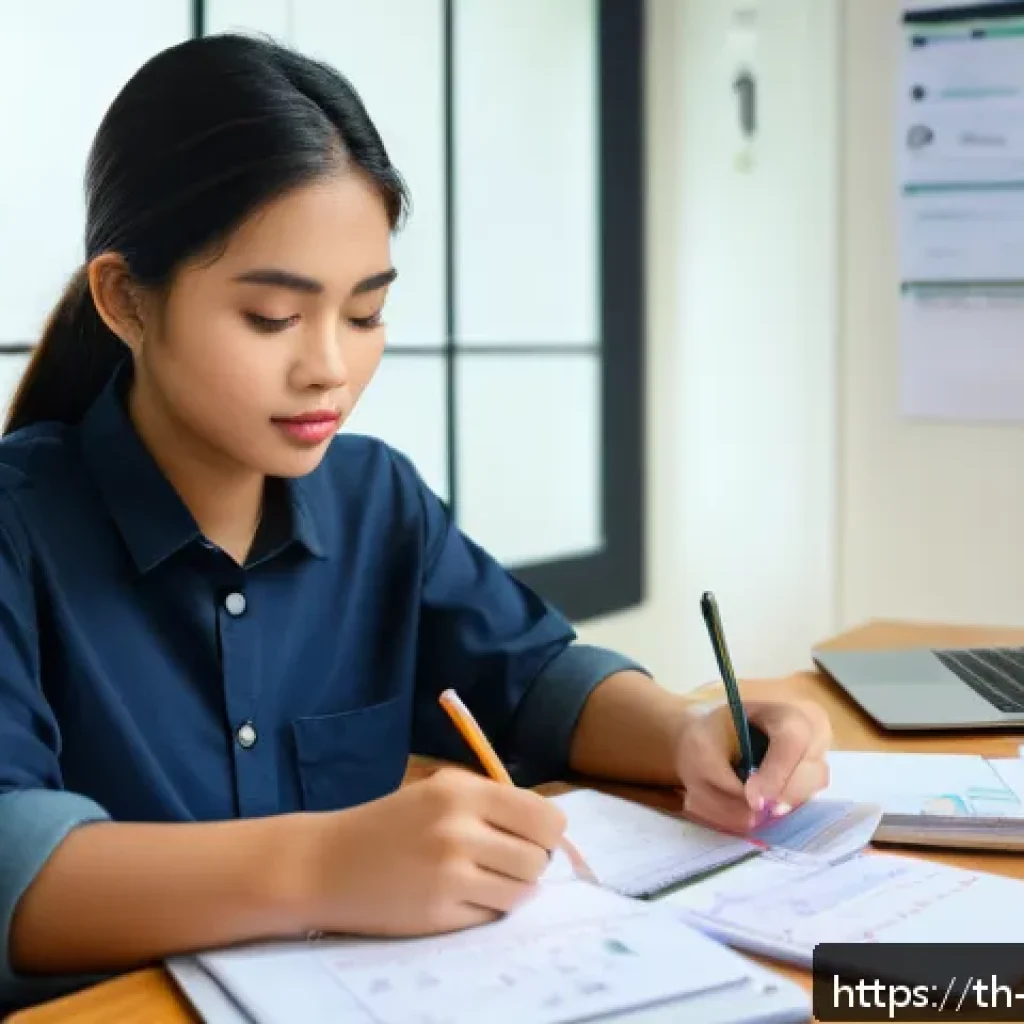 무역영어 필기시험 대비 자료 정리 방법 - A modern Thai student studying Trade English at a tidy desk in a well-lit room, with a laptop displa...