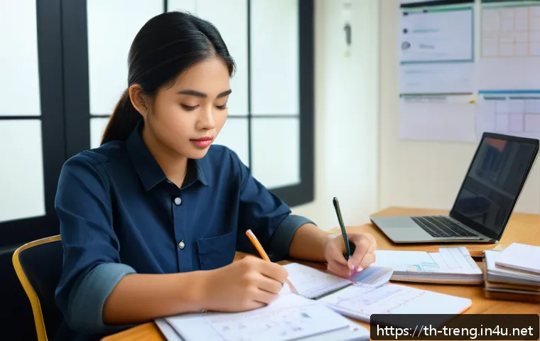 무역영어 필기시험 대비 자료 정리 방법 - A modern Thai student studying Trade English at a tidy desk in a well-lit room, with a laptop displa...