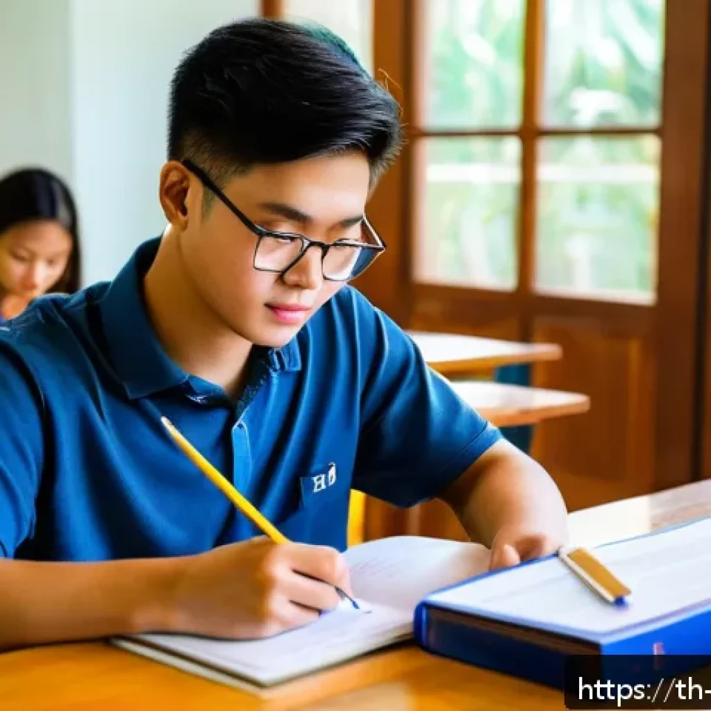 무역영어 실기시험과 필기시험의 연결 - A focused Thai university student sitting at a wooden desk in a bright, modern classroom, deeply ana...