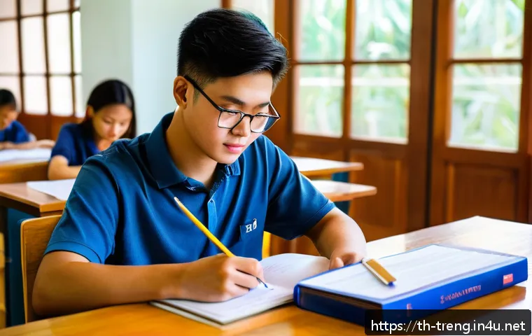 무역영어 실기시험과 필기시험의 연결 - A focused Thai university student sitting at a wooden desk in a bright, modern classroom, deeply ana...