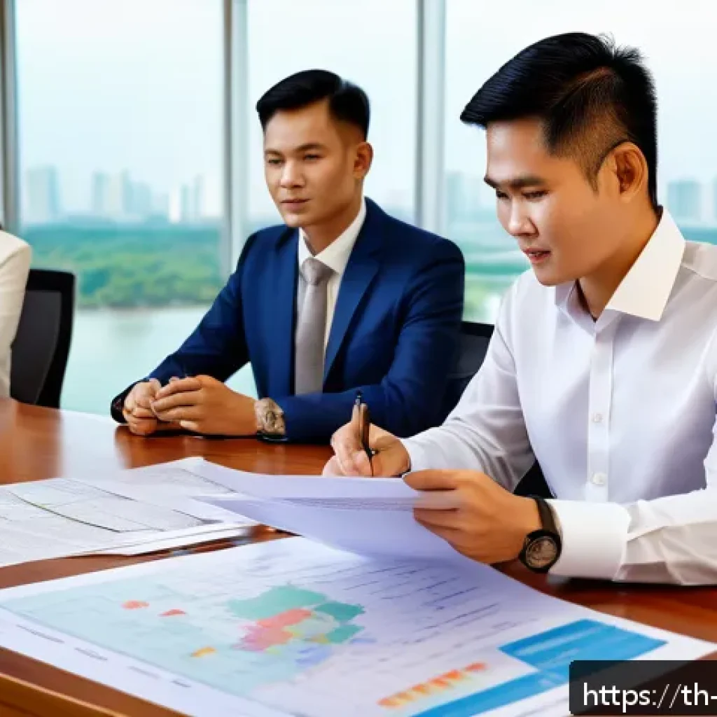 무역영어 시험 대비 단어장 제작 - A professional international trade office scene featuring a diverse group of Thai businesspeople in ...