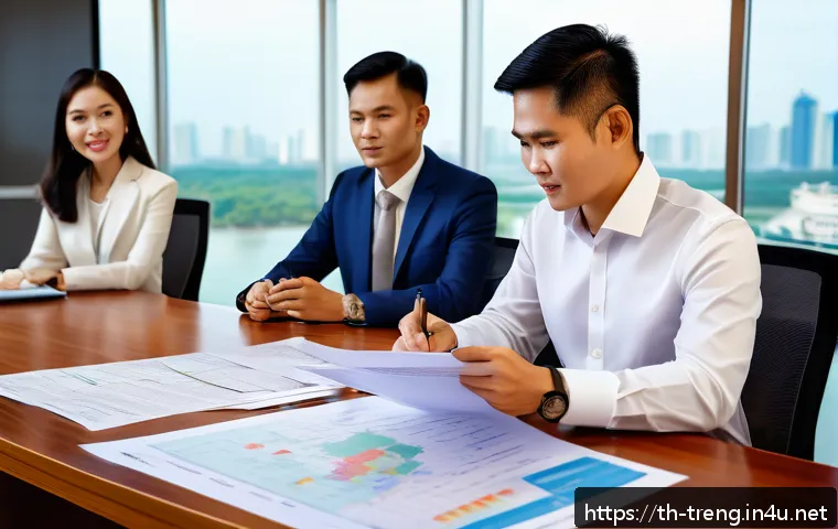 무역영어 시험 대비 단어장 제작 - A professional international trade office scene featuring a diverse group of Thai businesspeople in ...