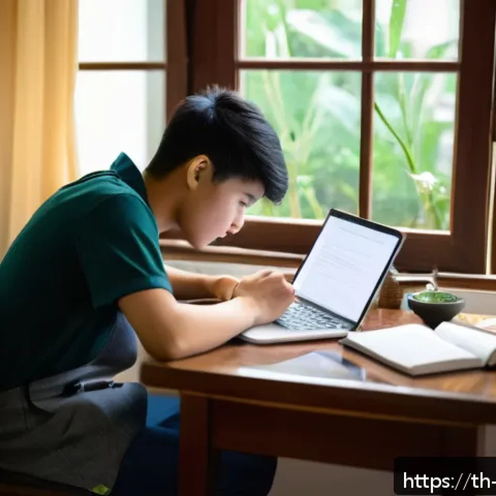 무역영어 필기시험의 시간 관리와 준비 과정 - A focused Thai student studying at a neat desk in a cozy home environment, surrounded by business En...