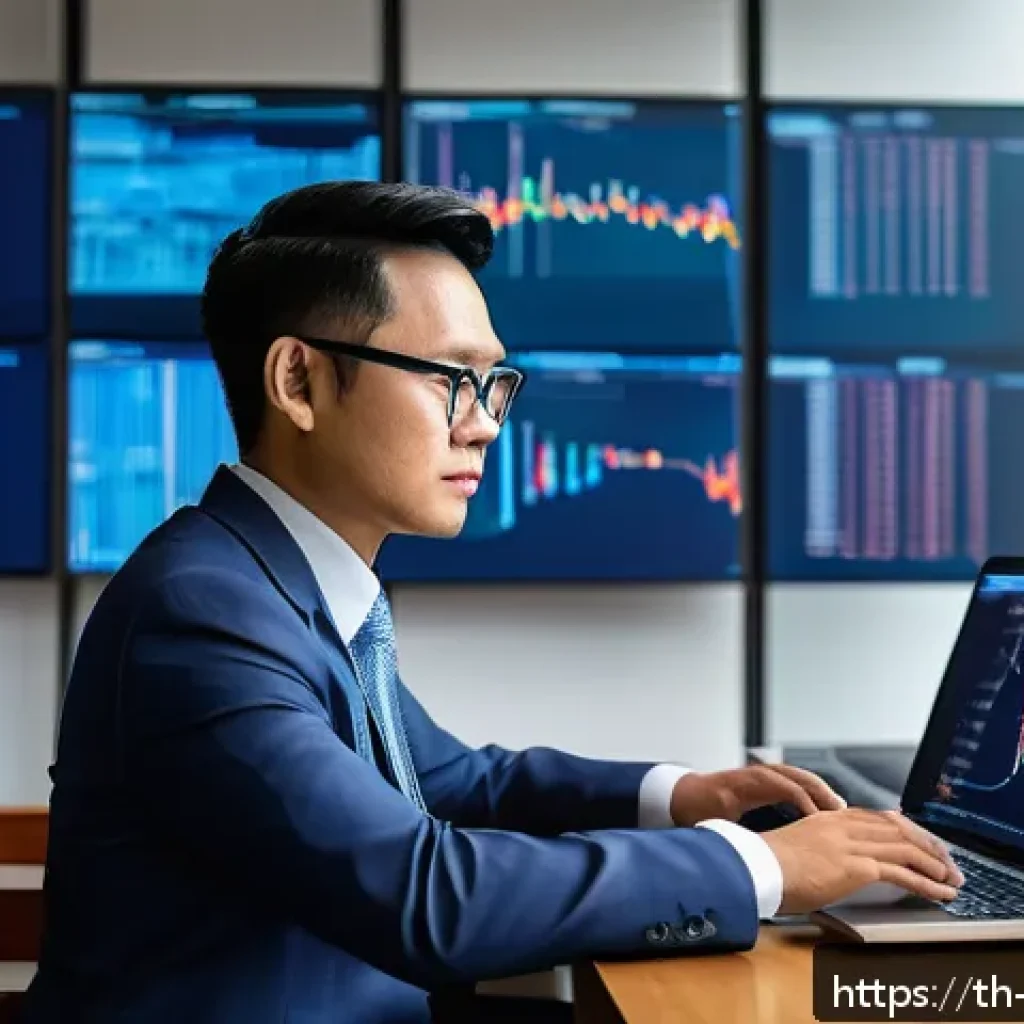 무역영어와 디지털 무역의 미래 - A modern digital business office setting in Southeast Asia, featuring a professional Thai man in for...