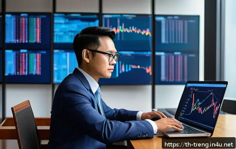 무역영어와 디지털 무역의 미래 - A modern digital business office setting in Southeast Asia, featuring a professional Thai man in for...