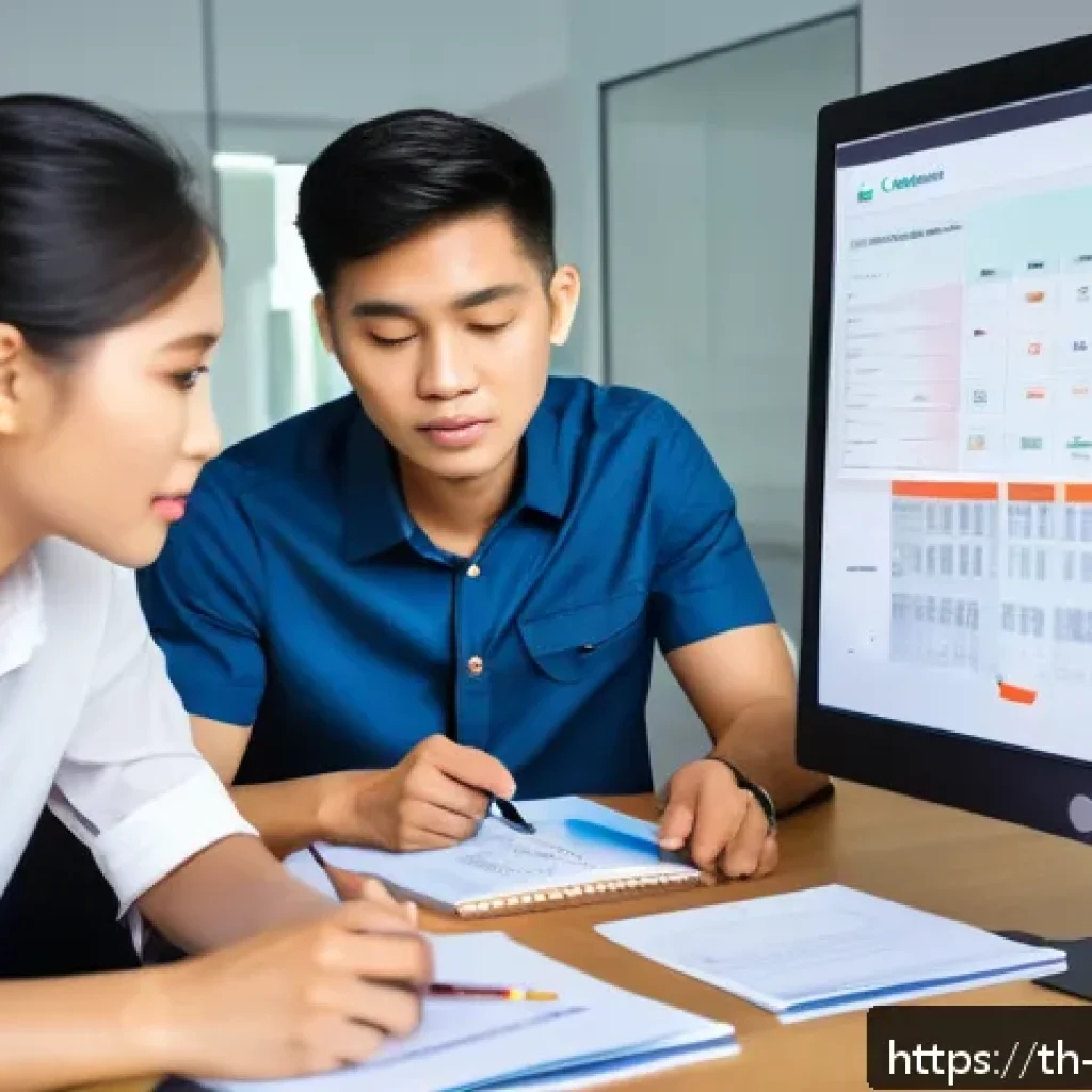 무역영어 실기시험에서 성공하는 비결 - A modern office setting with a diverse group of young Thai professionals engaged in a business Engli...