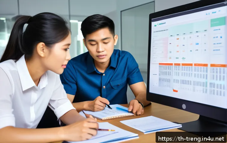 무역영어 실기시험에서 성공하는 비결 - A modern office setting with a diverse group of young Thai professionals engaged in a business Engli...