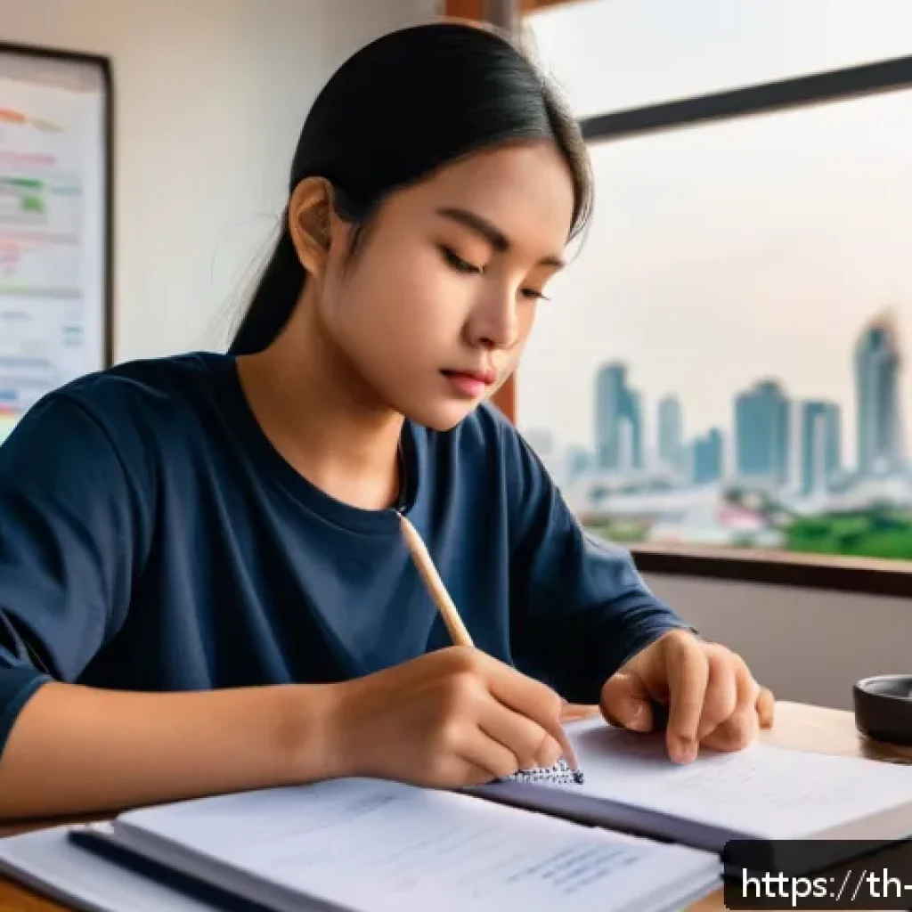 무역영어 시험 준비 과정에서의 심리적 도전 - A focused Thai student sitting at a wooden desk in a cozy, well-lit room during the morning, surroun...