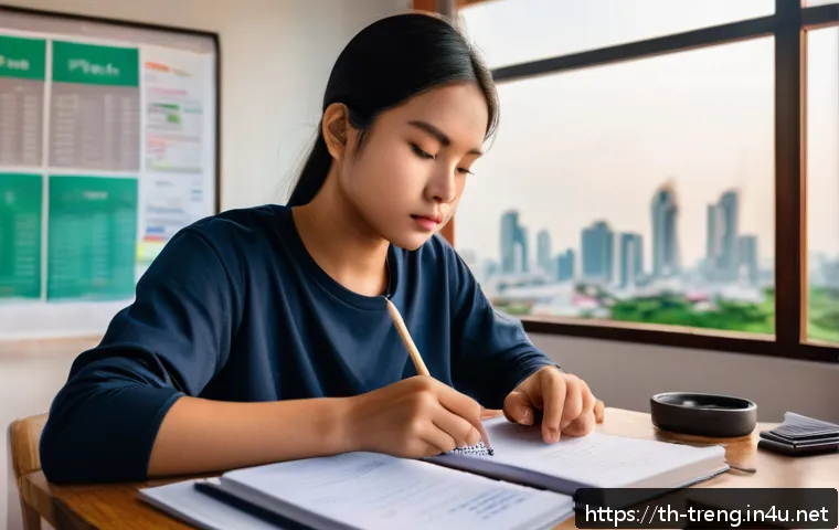 무역영어 시험 준비 과정에서의 심리적 도전 - A focused Thai student sitting at a wooden desk in a cozy, well-lit room during the morning, surroun...