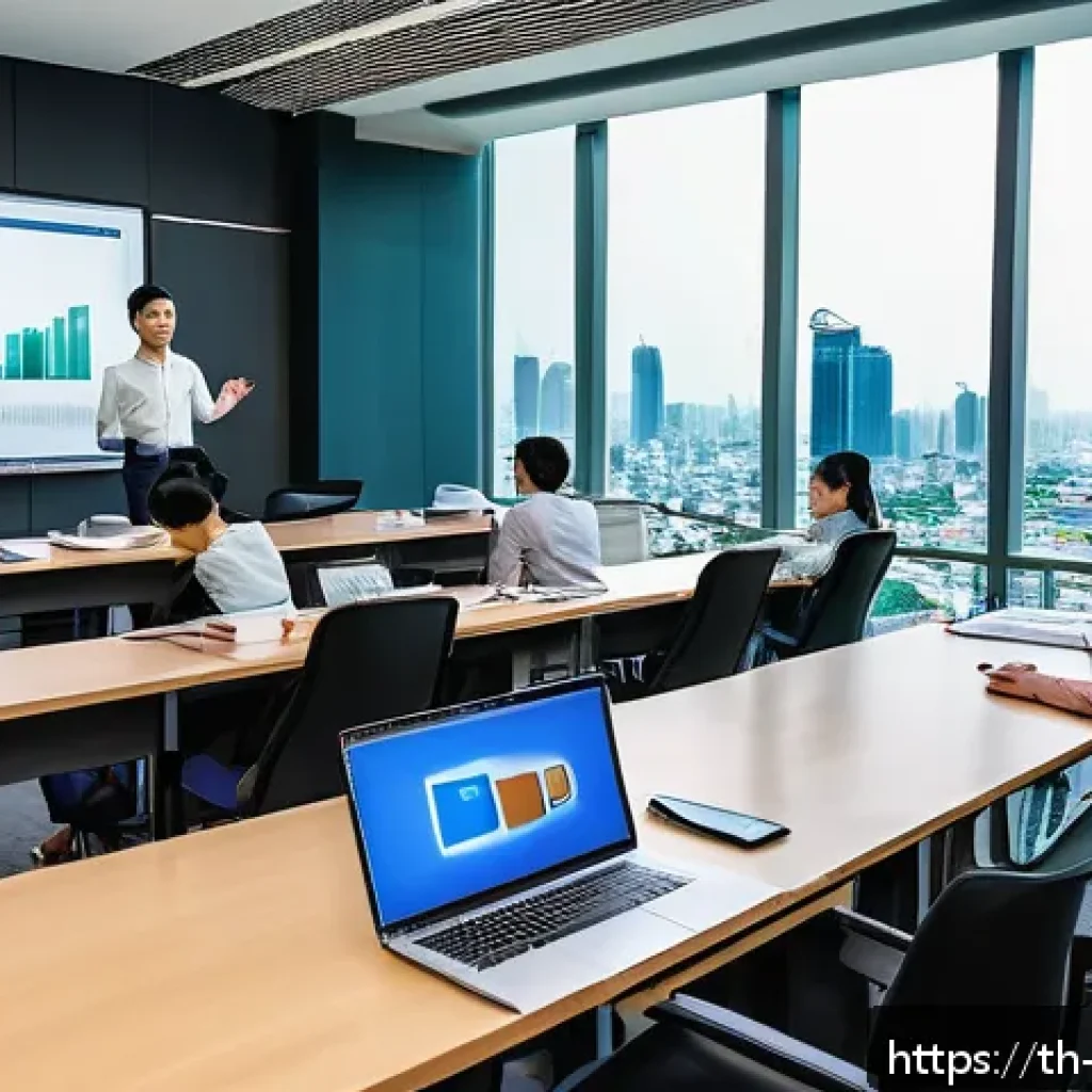 무역영어 학습법과 자격증 취득의 중요성 - A modern business classroom setting in Bangkok, Thailand, showing a diverse group of young Thai prof...
