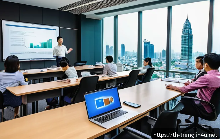 무역영어 학습법과 자격증 취득의 중요성 - A modern business classroom setting in Bangkok, Thailand, showing a diverse group of young Thai prof...