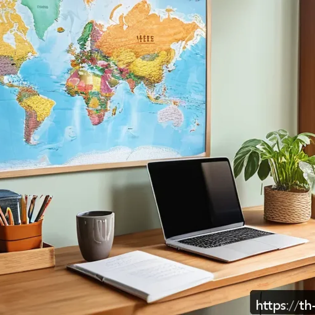 무역영어 학습에서 동기 유발 방법 활용 - A modern, cozy home study corner decorated with colorful English vocabulary posters and a world map ...