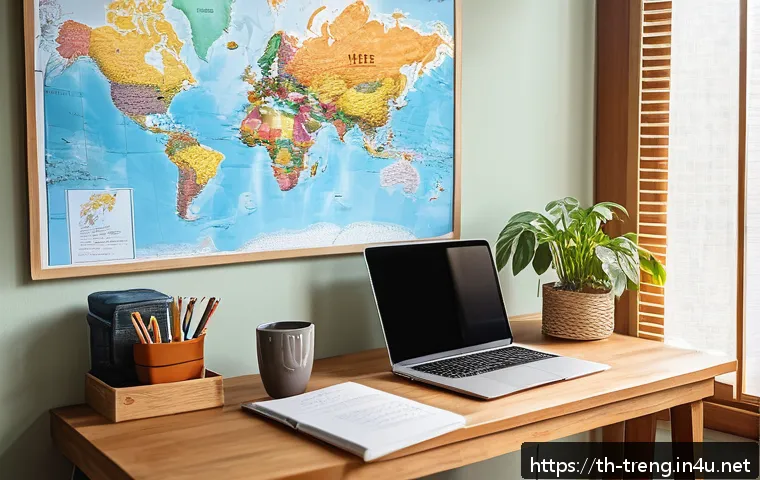 무역영어 학습에서 동기 유발 방법 활용 - A modern, cozy home study corner decorated with colorful English vocabulary posters and a world map ...