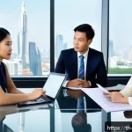 무역영어 학습에서 멘토링의 중요성 - A modern international business meeting scene set in a sleek office with diverse Asian and Western p...