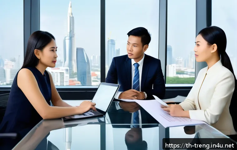 무역영어 학습에서 멘토링의 중요성 - A modern international business meeting scene set in a sleek office with diverse Asian and Western p...