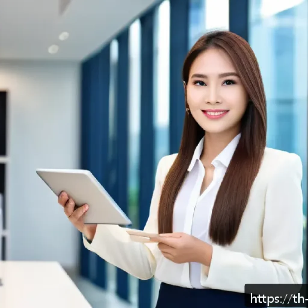 무역영어 자격증의 글로벌 비즈니스 활용 - A modern Thai business professional confidently presenting in a sleek conference room, wearing forma...