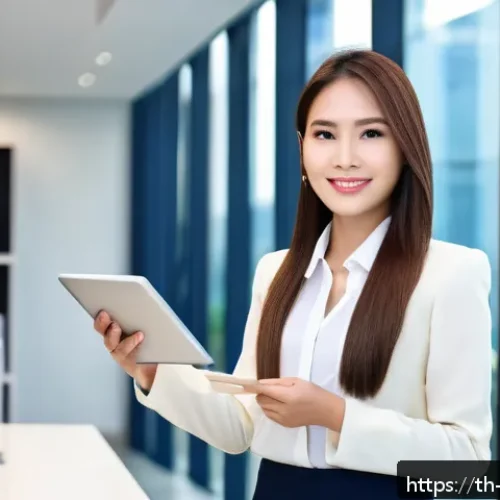 무역영어 자격증의 글로벌 비즈니스 활용 - A modern Thai business professional confidently presenting in a sleek conference room, wearing forma...