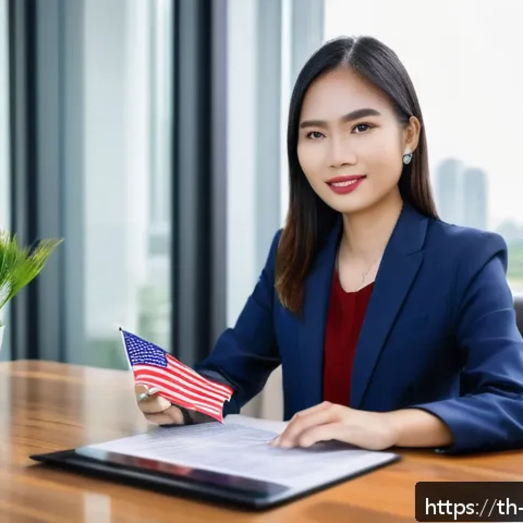 무역영어 학습 과정에서 필요한 지원 시스템 - A modern, bright office setting with a young Thai professional woman in business attire sitting at a...
