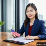 무역영어 학습 과정에서 필요한 지원 시스템 - A modern, bright office setting with a young Thai professional woman in business attire sitting at a...