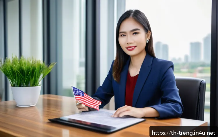 무역영어 학습 과정에서 필요한 지원 시스템 - A modern, bright office setting with a young Thai professional woman in business attire sitting at a...