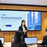 무역영어 학습 자료를 선택하는 요령 - A modern Thai office environment where a diverse group of young professionals is engaged in a busine...