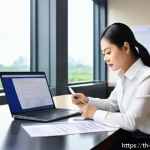무역영어 실전 연습을 위한 케이스 스터디 - A professional Thai businesswoman sitting at a modern office desk, reviewing international trading d...