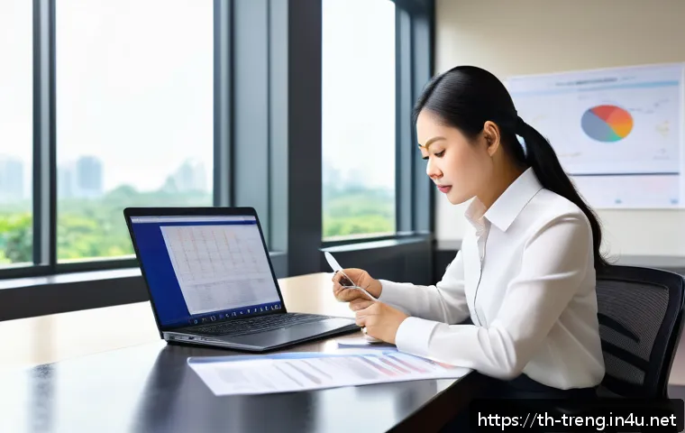 무역영어 실전 연습을 위한 케이스 스터디 - A professional Thai businesswoman sitting at a modern office desk, reviewing international trading d...