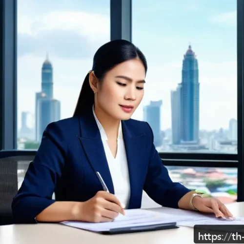 무역영어 실기 시험 케이스 분석 - A professional Thai businesswoman in formal attire, sitting at a modern office desk with internation...